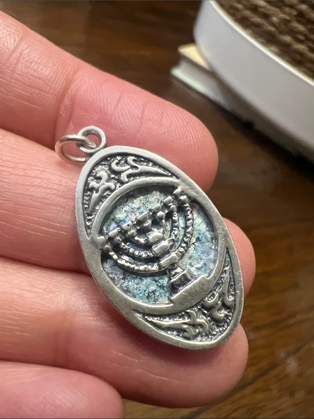 Sterling Silver Menorah Pendant - Silver with Iridescent Blue Inlay